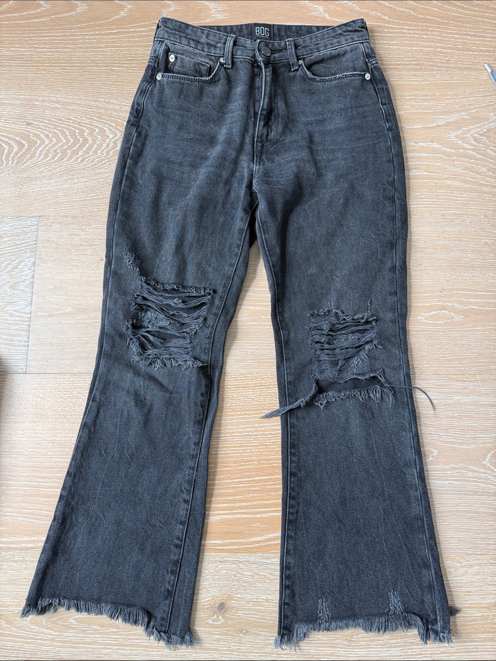 BDG Black Distressed Flare Jeans with Ripped Knees Size 24 Inseam 25”